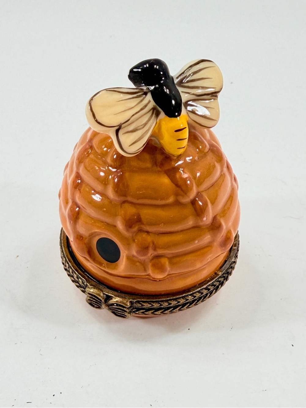 Limoges Style Bee In The Top Of Beehive Porcelain Hinged Trinket Box